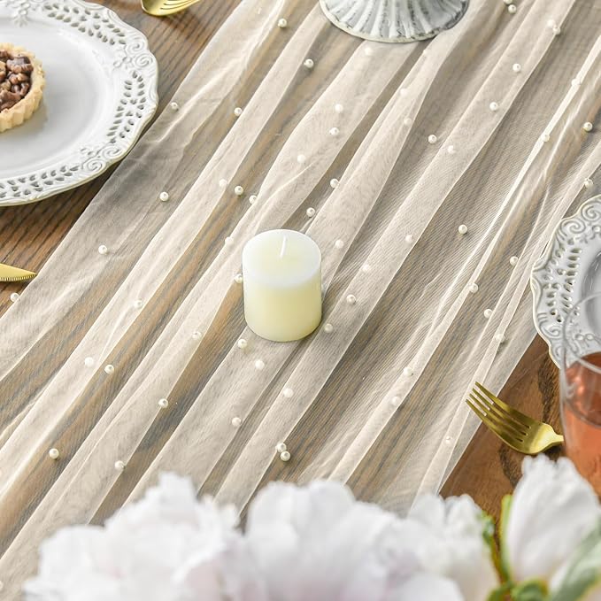Artoid Mode Pearl Beige Gauze Table Runner 120 Inch 10FT, Seasonal Sheer Dining - Image 4