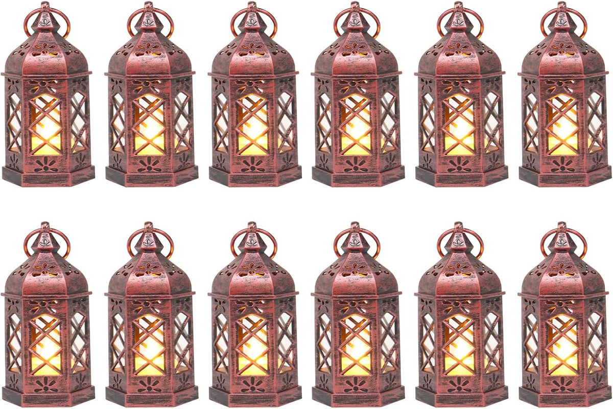 12PCS Mini Lantern with Flicker LED Candle for Halloween Decorations, Small Lanterns Decorative, Vintage Hanging Moroccan Lantern for Wedding Halloween Christmas Decor, Table Centerpiece, Rose Gold