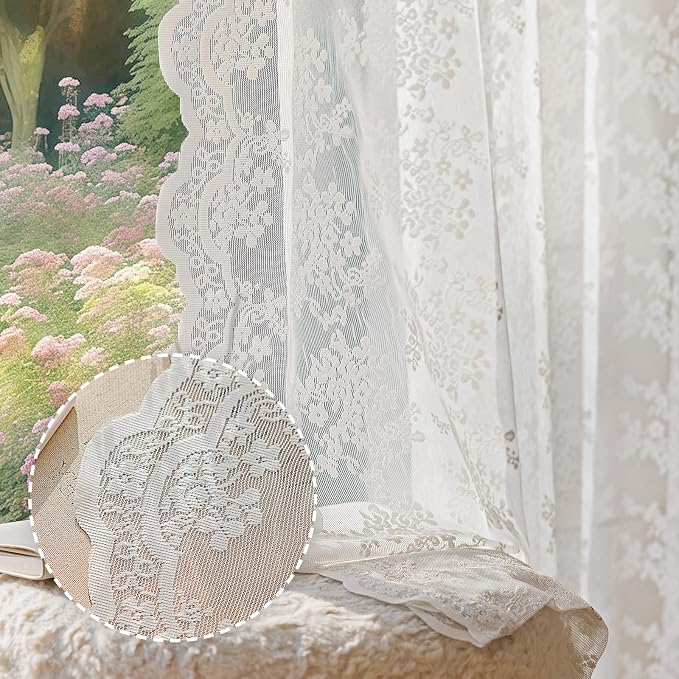 Anmao Vintage White Lace Curtains 63 Inches Long 2 Panels Set, Romantic Elegant by Anmao
