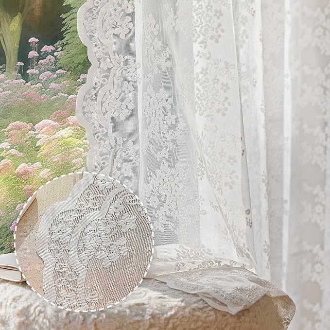Anmao Vintage White Lace Curtains 84 Inches Long 2 Panels Set, Romantic Elegant by Anmao