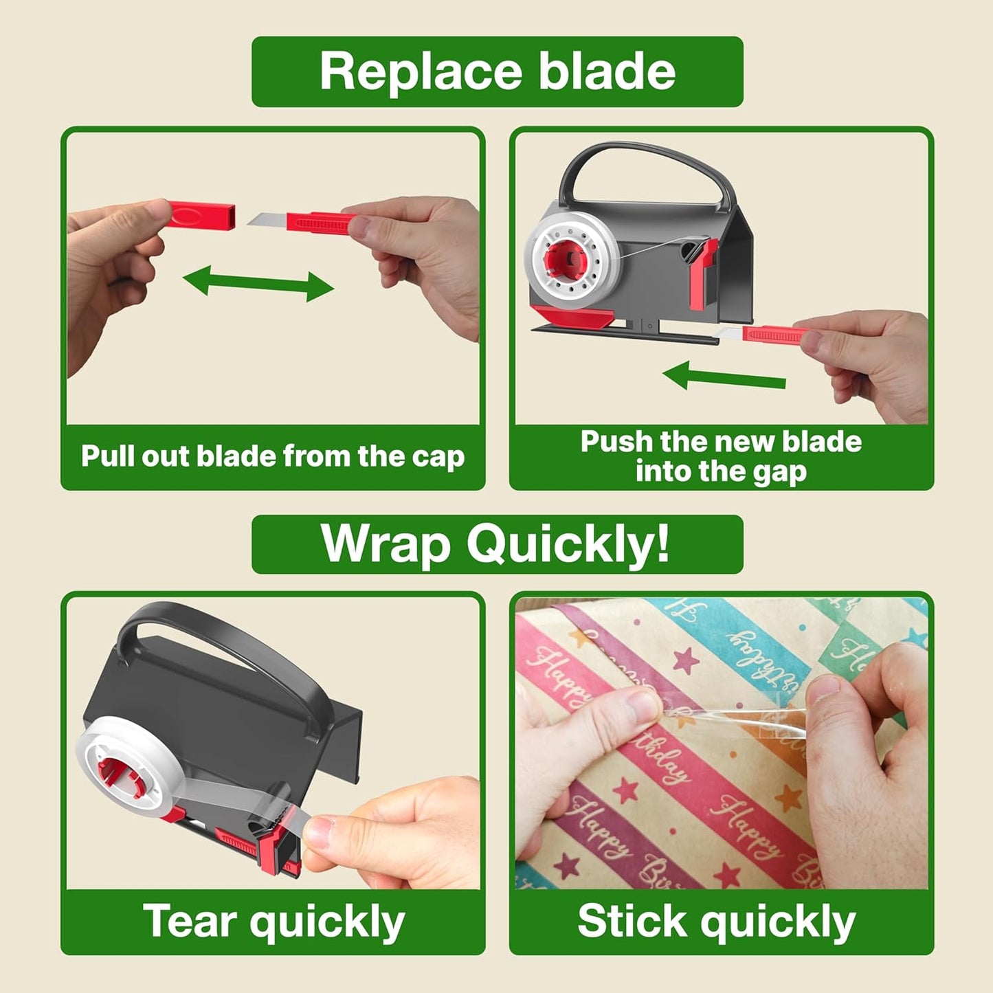 (2-Pack) Wrapping Paper Cutter & Tape Dispenser Dual Use with 4 Tapes，2 Replace Blades Kit for Christmas Gift Wrap Cutter Tool Paper Roll Holder Tube Sliding Slicing for Birthday Holiday.