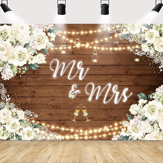 MEHOFOND 8x6ft Mr and Mrs Bridal Shower Backdrop Wedding Decorations Rustic by MEHOFOND