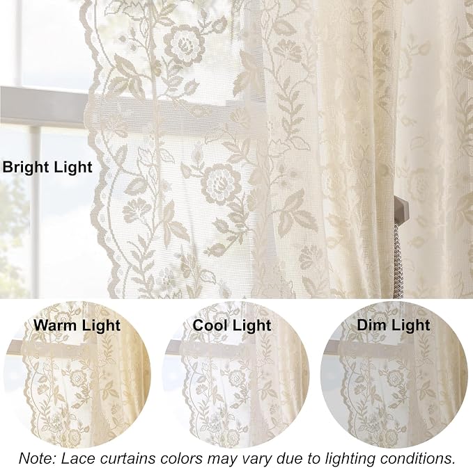 FINECITY Short Beige Lace Curtains Rustic Leaf Floral W42xL36 Inch 2 Panels | - Image 5