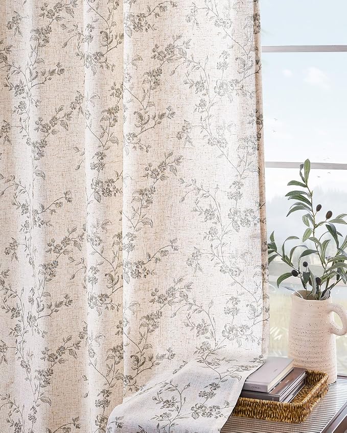 Grey Vintage Floral Linen Curtains Farmhouse 38W X 90L 2 Panels | Elisa Series - Image 8