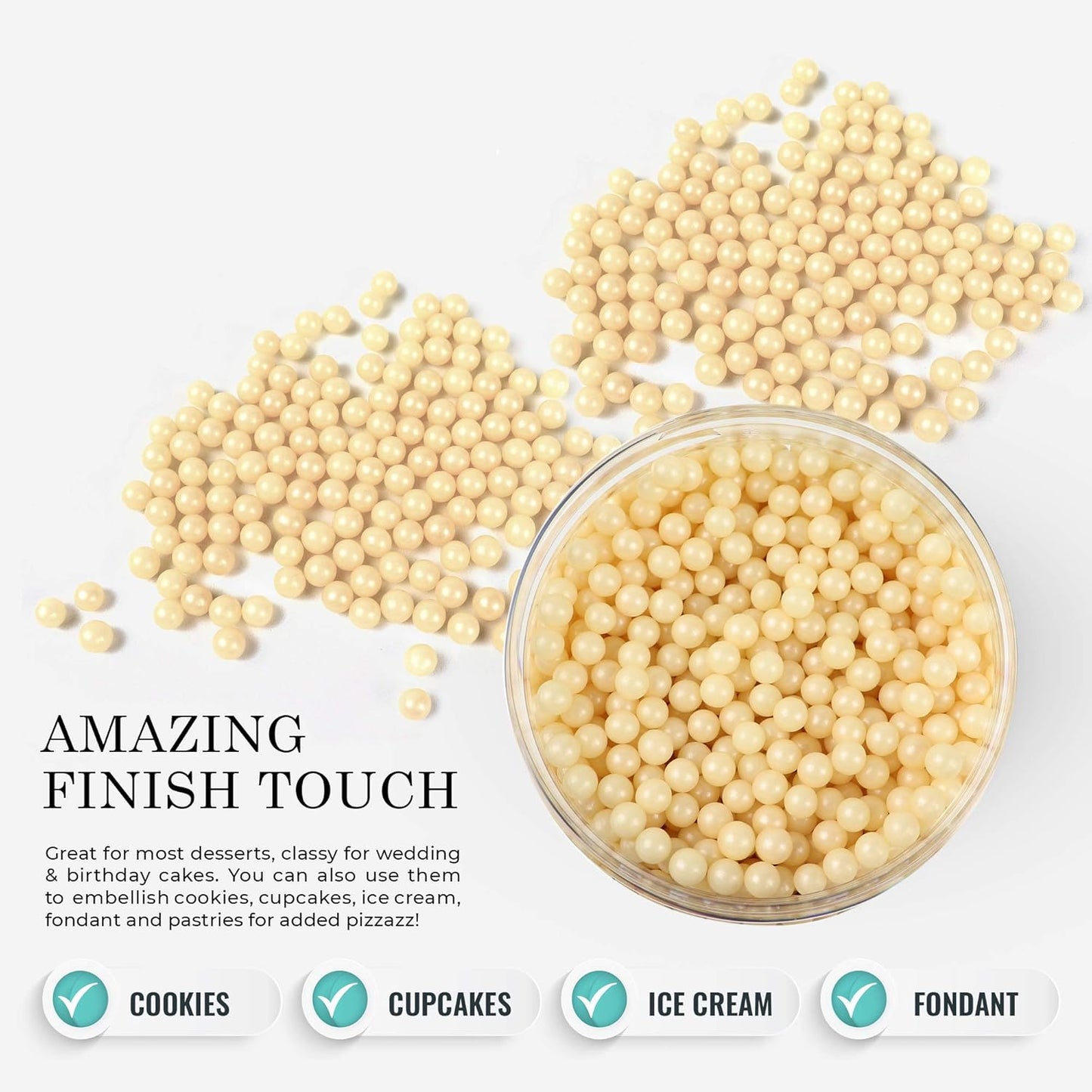 O'Creme Ivory Edible Sugar Pearls Cake Decorating Supplies for Bakers: Cookie, Cupcake & Icing Toppings, Beads Sprinkles For Baking, Certified, Candy Sugar Ball Accents (10mm, 32 Oz)