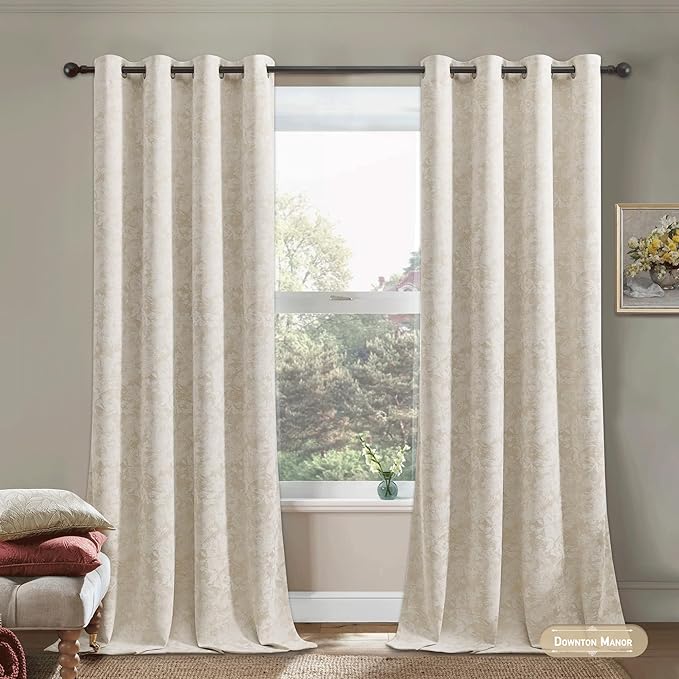 Beauoop Beige Floral Jacquard Blackout Curtains - Image 4