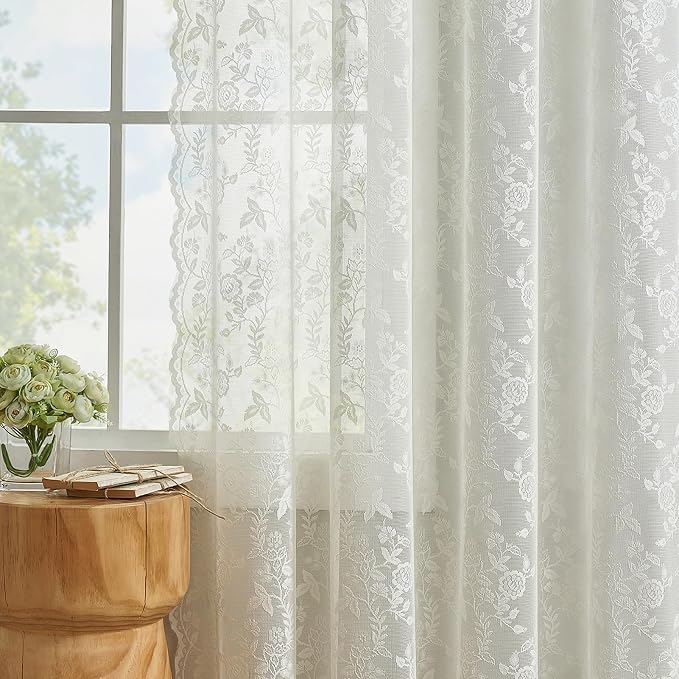 FINECITY Ivory Lace Curtains Rustic Leaf Floral 42 x 84 Inch, 2 Panels | Rod - Image 5