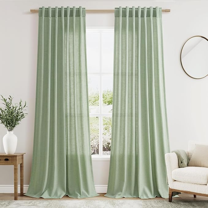Mist Sage Linen Curtains 102 Inches Long Rod Pocket Back Tab Drapes 2 Panels Set by Nanspring