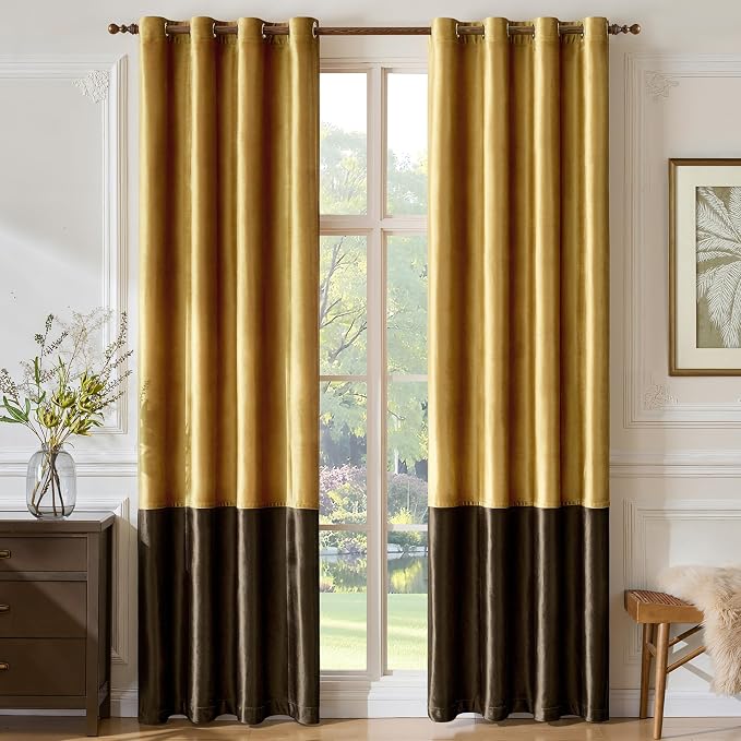 Gold Brown Velvet Blackout Curtains Luxury Decor 96 inches, Color Block | - Image 5