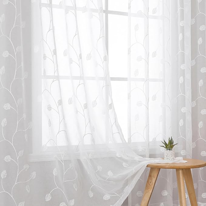 White Sheer Curtains Decorative Embroidered Leaf 96 Inches Long | Light by VISIONTEX