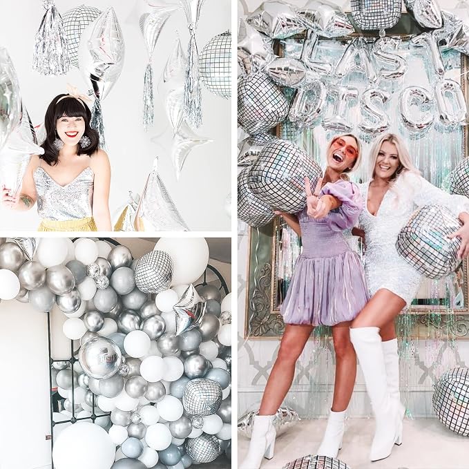 PartyWoo Silver Disco Ball Large Giant Foil Balloons 20pcs Different Sizes | 22 - Image 6
