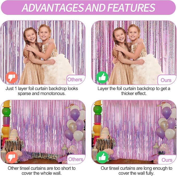 7 Pack 3.3 x 9.9 ft Holographic Pink Tinsel Streamers Party Decorations | Foil - Image 3