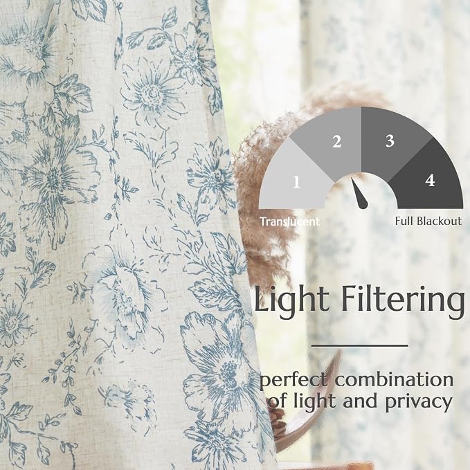 jinchan Blue Floral Linen Curtains 84 Inch Vintage Back Tab 2 Panels | Light - Image 3