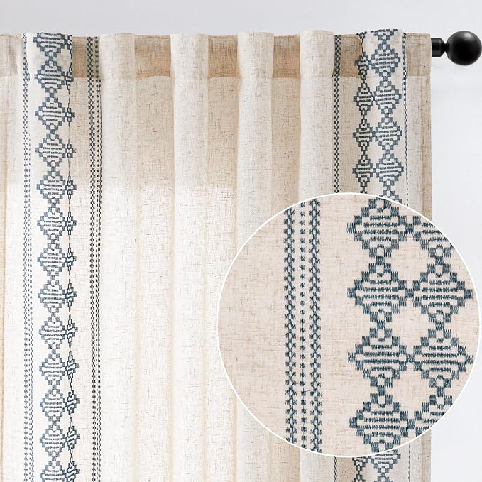 jinchan Floral Linen Curtains Embroidered Back Tab 50x84in 2 Panels Blue | - Image 9