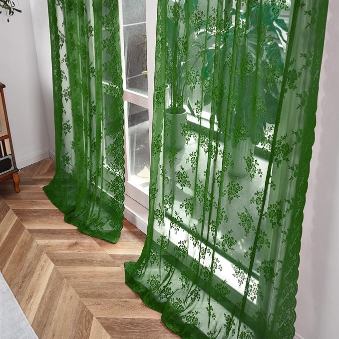 Kotile Dark Green Sheer Lace Curtains - Image 5