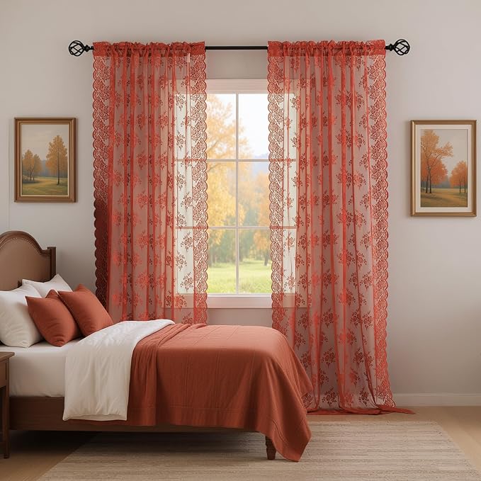 Kotile Burnt Orange Floral Lace Curtains by Kotile+Curtains