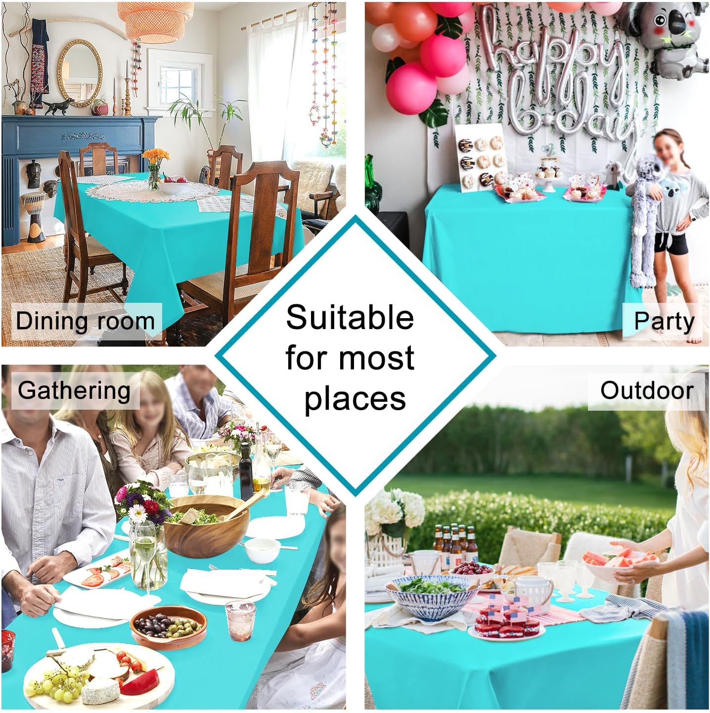 Hiasan 2 Pieces Solid Square Tablecloth - Waterproof and Spillproof Washable Polyester Fabric Table Cloth for Kitchen and Dining Room, Aqua, 70 x 70 Inch