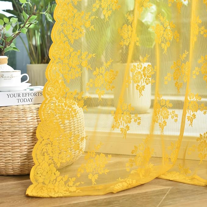 Kotile Mustard Yellow Sheer Lace Curtains by Kotile+Curtains