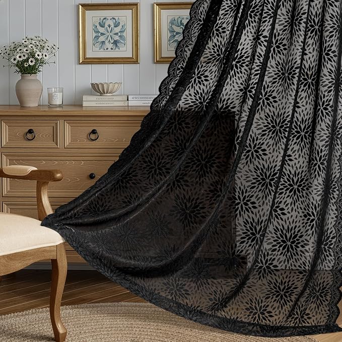 MIULEE Black Floral Lace Curtains 2 Panels, Gothic Vintage Rod Pocket Window - Image 3
