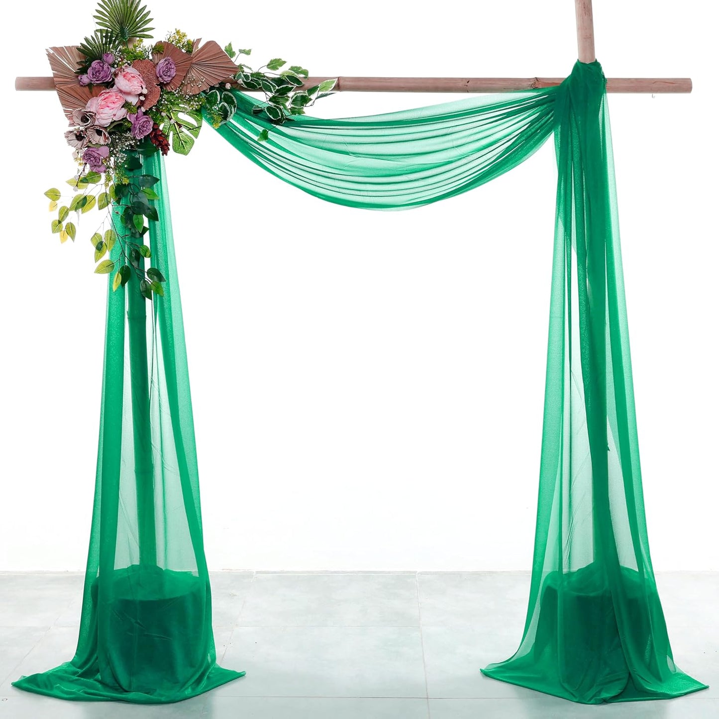 VDS Pack of 2 Panel (30 Inch X 50 Feet) Wedding Arch Draping Fabric Sheer Chiffon Fabric Drapery for Wedding Ceremony Reception Swag Backdrop Canopy Chuppah ARBO Altars Decoration (Emerald)