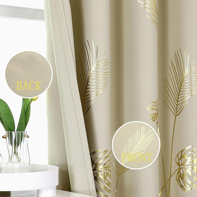 Gold Wheat and Leaf Printed Curtains Light Blocking Curtains Thermal Insulated - Image 3