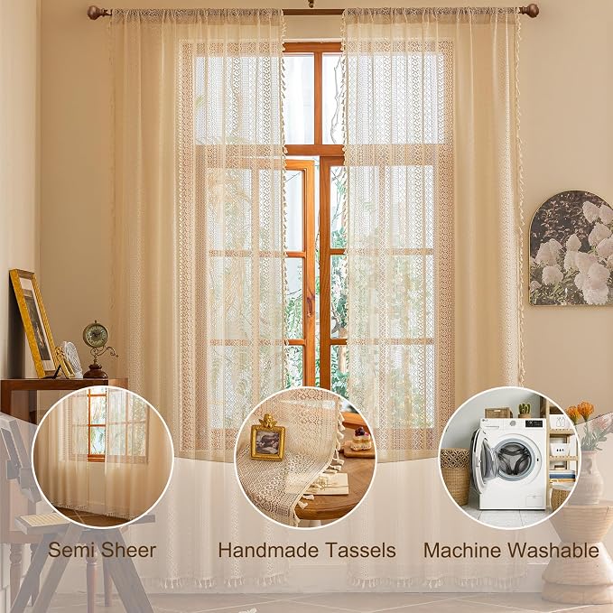 Sutuo Home Beige Boho Lace Curtains 72 inches Long - Image 5