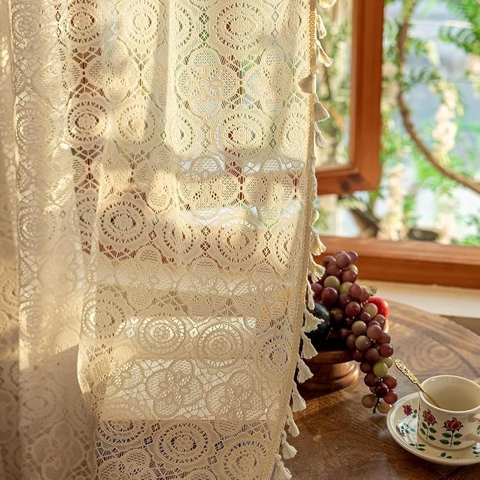 YJ YANJUN Boho Lace Curtains 54 inch Length 2 Panels -Vintage Floral Crochet - Image 2