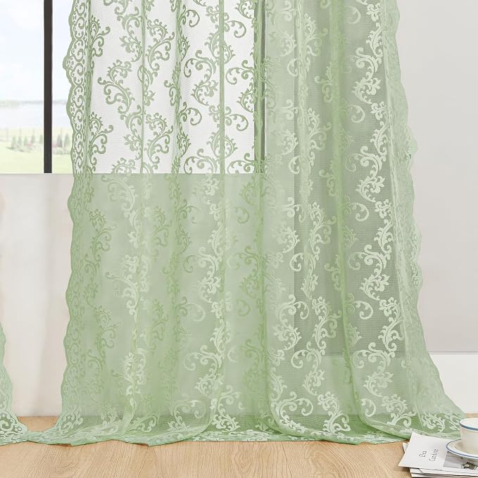 FOLKSIDE Sage Green Lace Curtains 63 Inch Length 2 Panels Paisley Floral Lace - Image 5