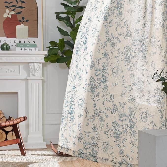 jinchan Blue Floral Linen Curtains 90 Inch Vintage Back Tab 2 Panels | Light - Image 6