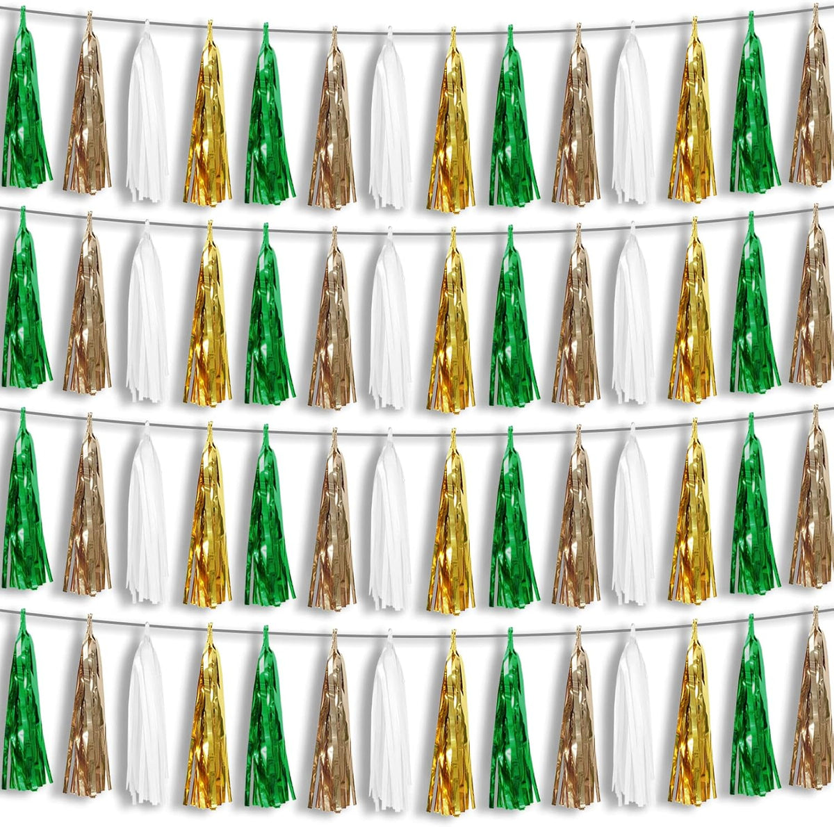 4P Sage-Green Beige-Mint Gold Foil Fringe Metallic Tassel Garland Banner, Tassels Banner Streamers for Parade Floats, Bachelorette, Wedding, Birthday, Christmas, Bridal/Baby Shower Party Decorations