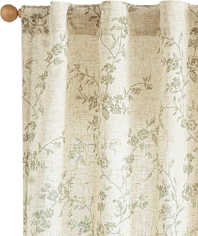 jinchan Green Floral Linen Curtains 63 Inch Farmhouse Back Tab 2 Panels | - Image 2