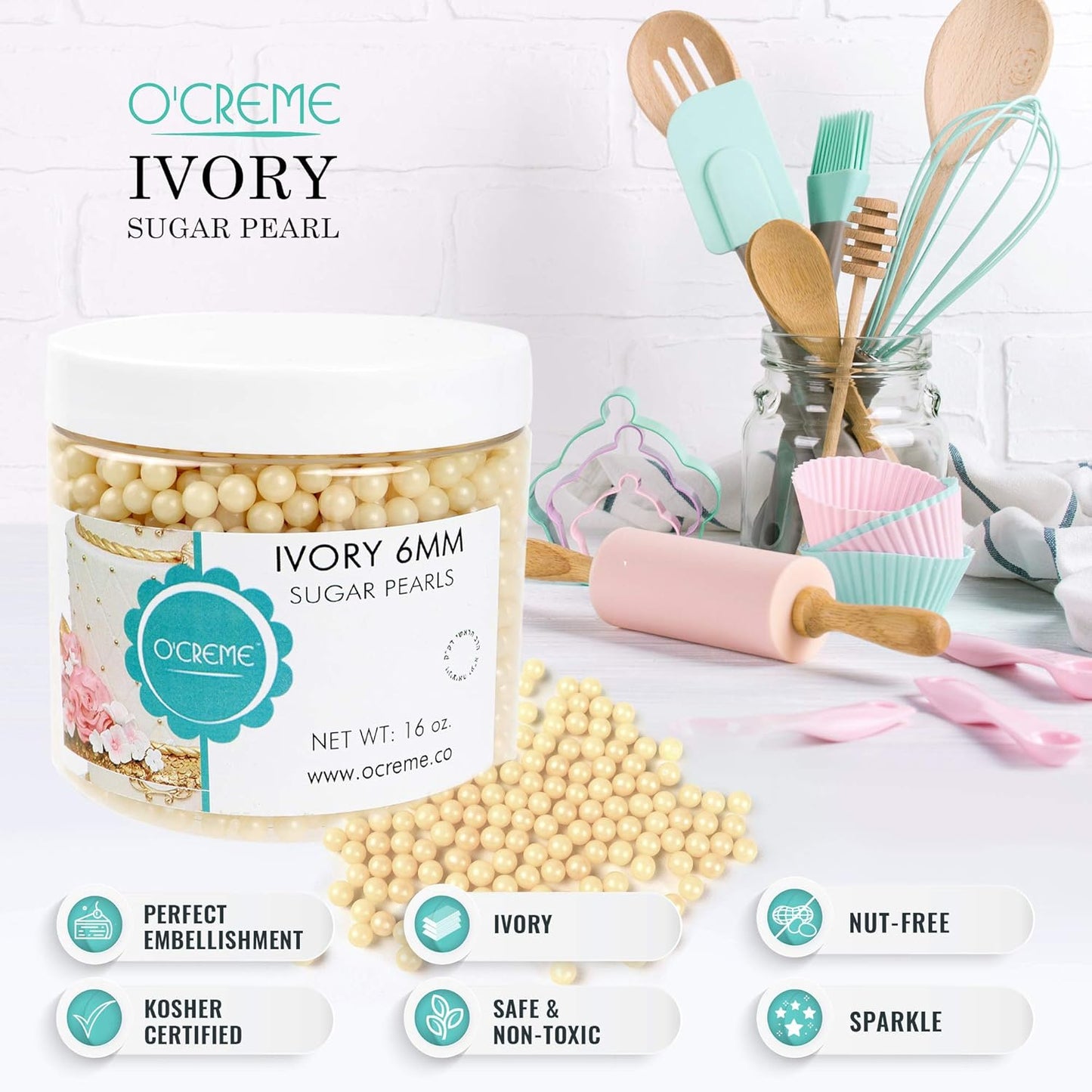 O'Creme Ivory Edible Sugar Pearls Cake Decorating Supplies for Bakers: Cookie, Cupcake & Icing Toppings, Beads Sprinkles For Baking, Certified, Candy Sugar Ball Accents (10mm, 32 Oz)