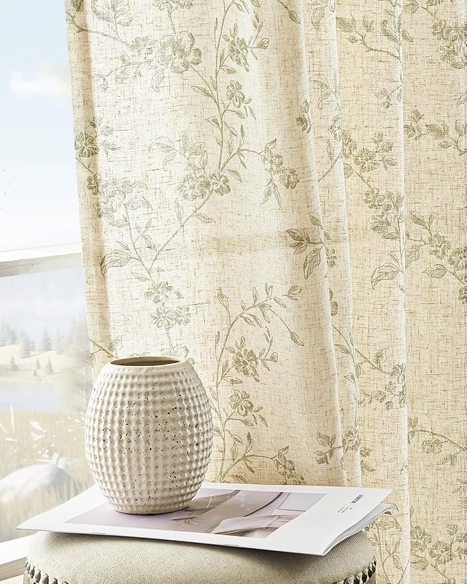jinchan Green Floral Linen Curtains 84 Inch Farmhouse Back Tab 2 Panels | by JINCHAN