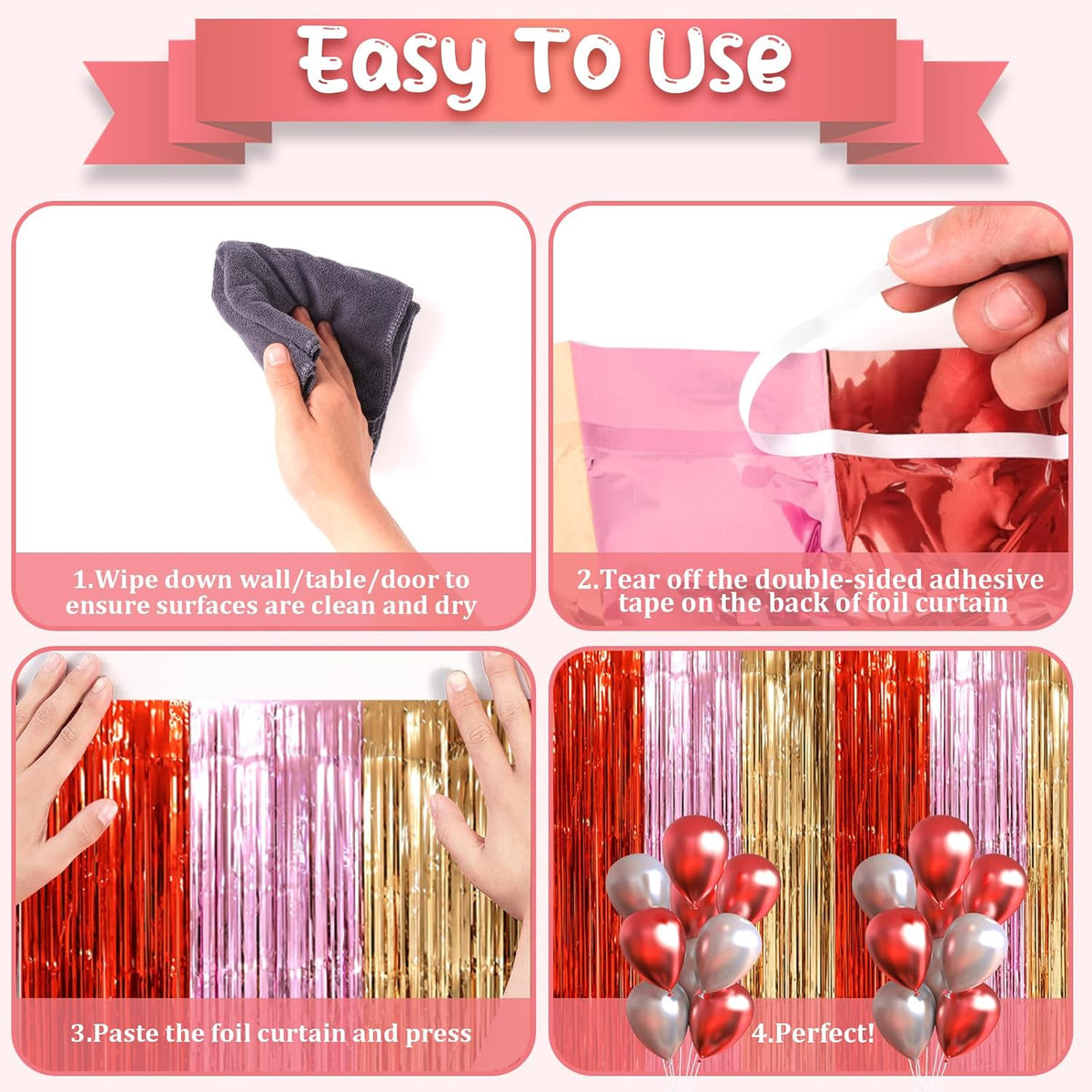 2 Pack Valentine Foil Fringe Backdrop Curtains, Tinsel Streamers Party Decorations, Fringe Backdrop, Door Shimmer for Valentine or Birthday Party
