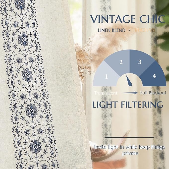 jinchan Floral Linen Curtains Embroidered Back Tab 50x96in 2 Panels Blue | - Image 6