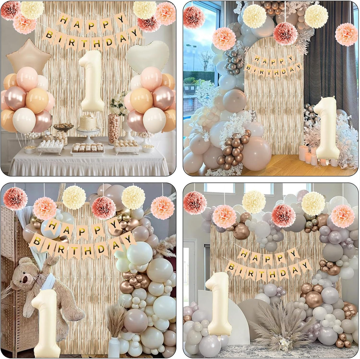 Beige 1st Birthday Decorations Cream Number 1 Balloon Nude Gold Happy Birthday Banner Fringe Curtain Paper Pom Poms Blush White Sand Champagne Star Foil Balloons Neutral Boho Party Decor