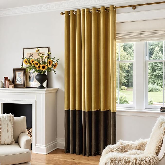 Gold Brown Velvet Blackout Curtains Luxury Decor 96 inches, Color Block | - Image 6