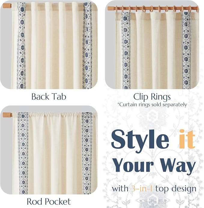 jinchan Floral Linen Curtains Embroidered Back Tab 50x96in 2 Panels Blue | - Image 7
