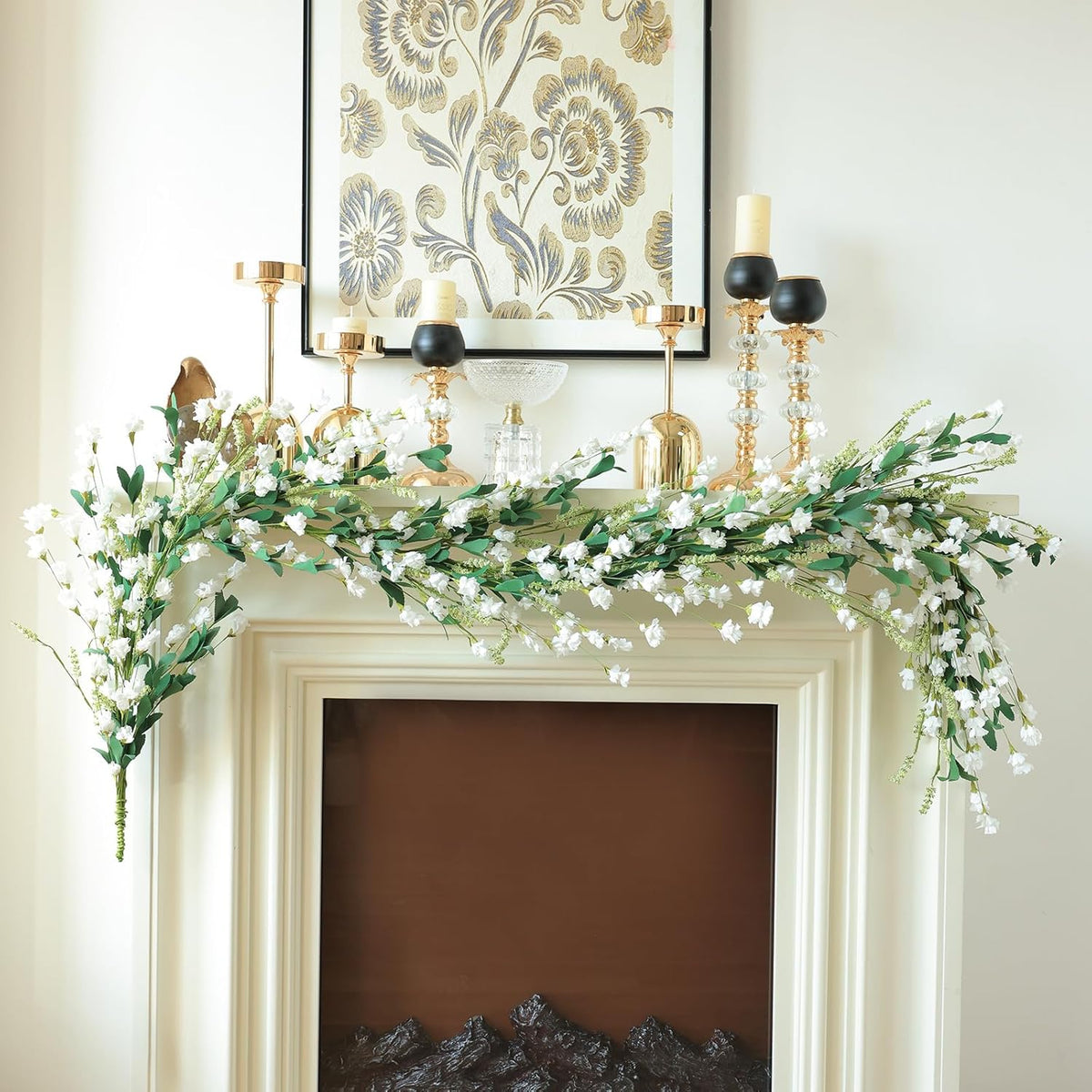 Mizii White Artificial Flower Garland 6FT Fake Wildflower Floral Garland Hanging Vines Spring Summer Flowers Decorations for Mantle Table Centerpieces Room Wall Fireplace Wedding Decor (White)