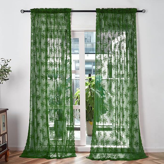 Kotile Dark Green Sheer Lace Curtains - Image 2