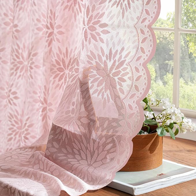 MIULEE Vintage Floral Scalloped Lace Curtains, Light Pink 52" W x 72" L | 2 - Image 4
