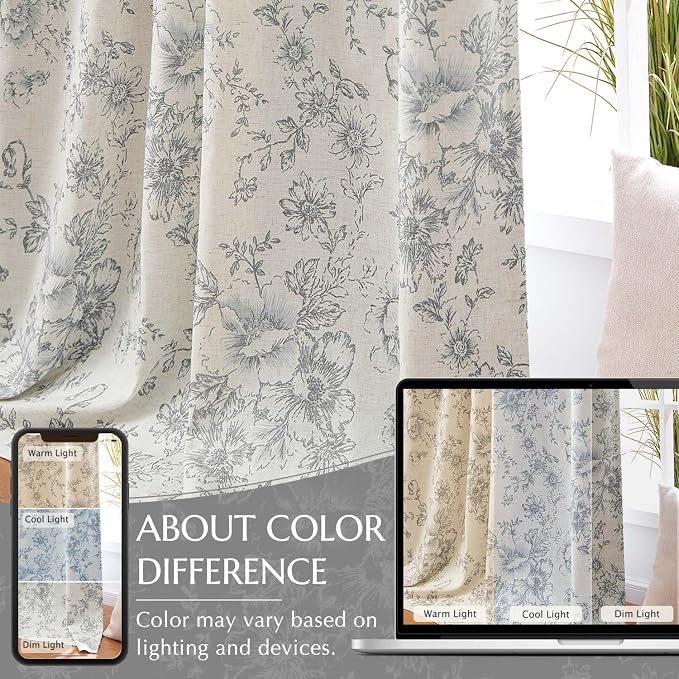 jinchan Grey Floral Linen Blackout Curtains Lined 96 Inch Back Tab 2 Panels | - Image 6