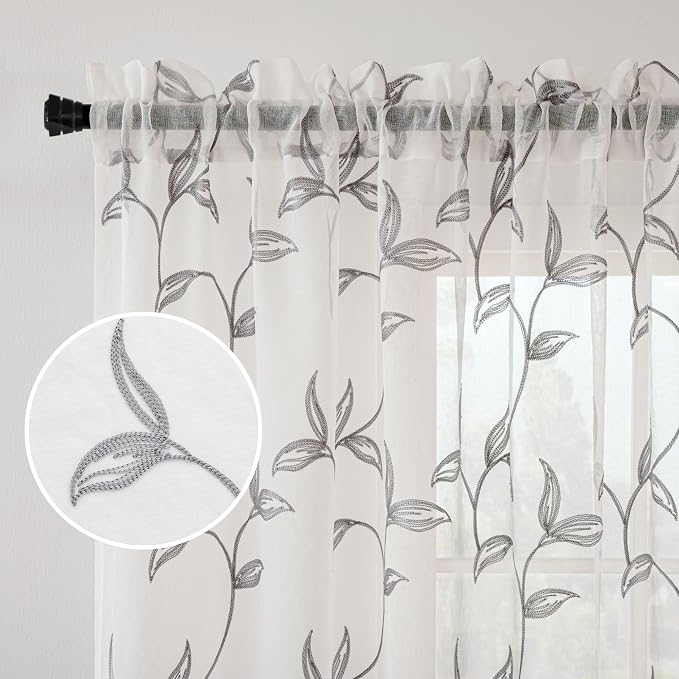 Sheer Curtains Boho Leaf Floral Embroidered Grey 54Wx90L | Light Filtering Semi - Image 4