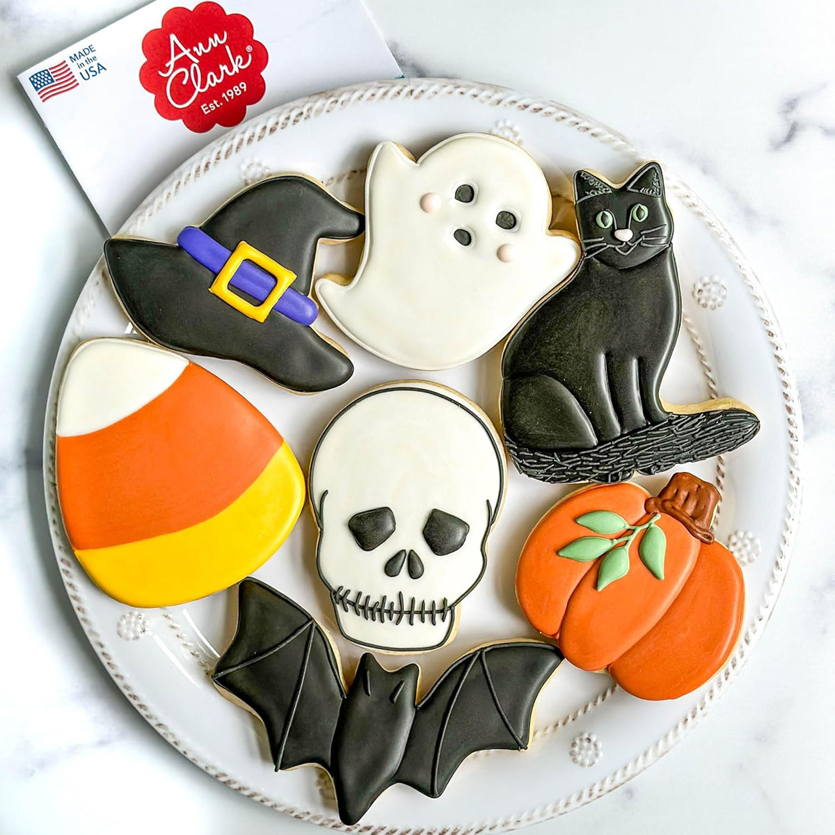 Ann Clark Cookie Cutters Halloween Cookie Cutters 7-Pc. Set Made in USA, Pumpkin, Ghost, Bat, Candy Corn, Skull, Black Cat, Witch Hat