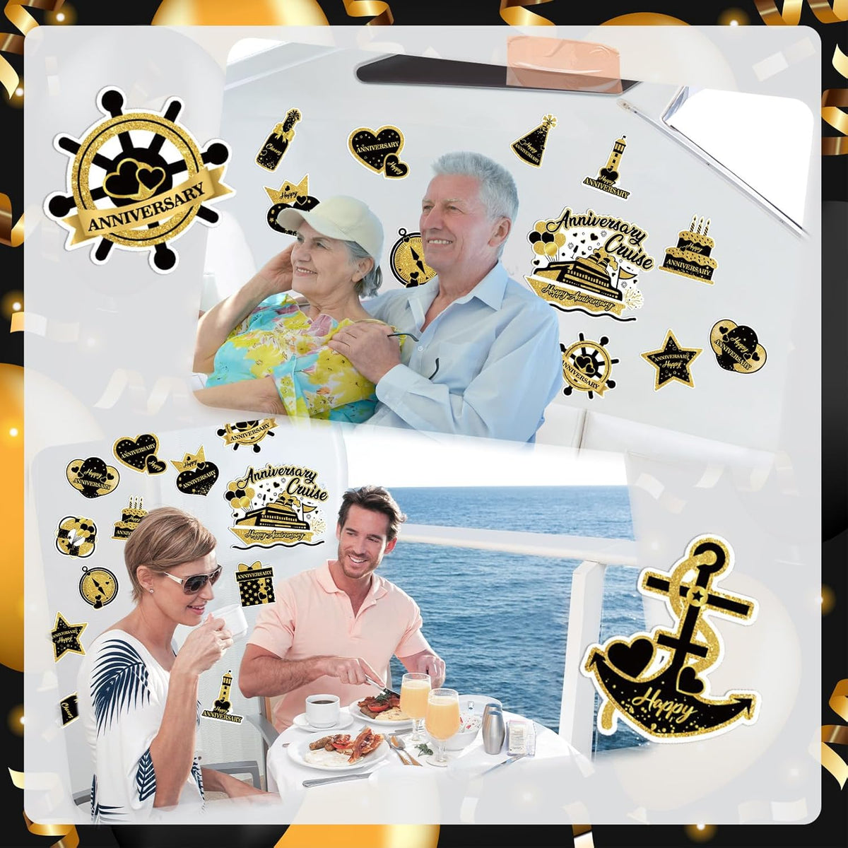 Happy Anniversary Cruise Door Magnets Decorations, Black Gold Happy Anniversary Cruise Ship Door Decor Magnetic for Married Men Women Wedding Party Fridge Refrigerator Car Kitchen Garage Personalized