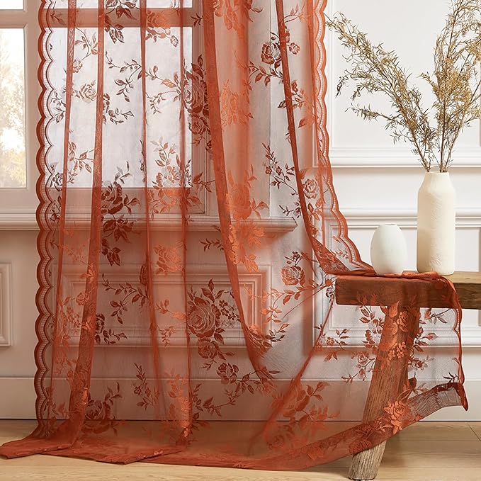 Burnt Orange Lace Curtains 96 Inches Long Fall Country Floral Sheer Curtains - Image 6