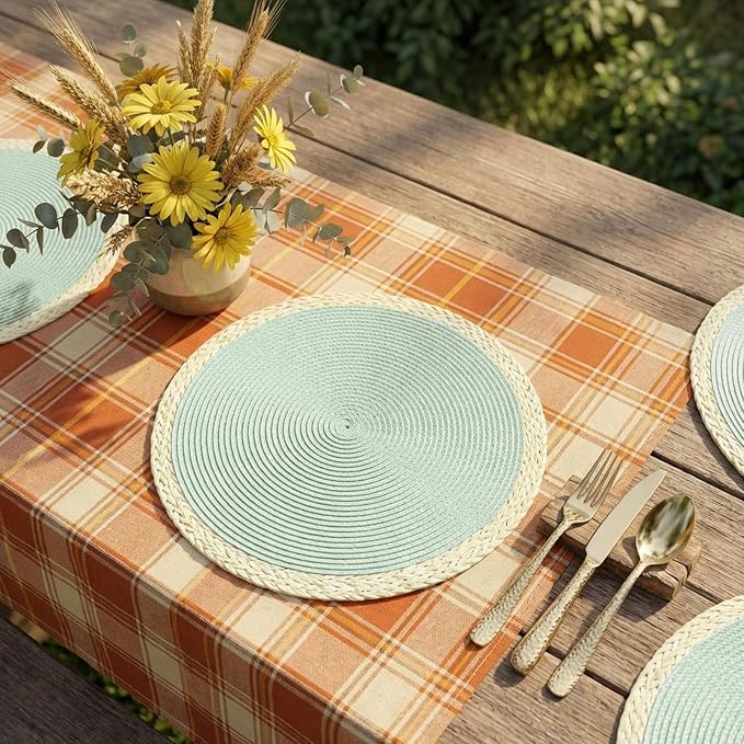 Round Placemats Set of 6, Woven Table Mats, Mint Green | Braided Paper Edge - Image 4