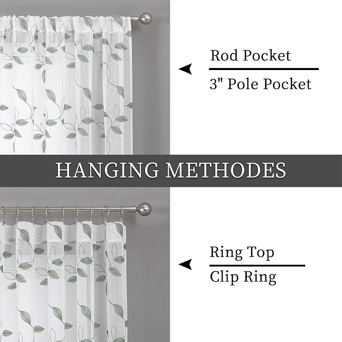 Tollpiz Sage Green Leaf Sheer Curtains Living Room Short 54 x 45 Inches | - Image 5
