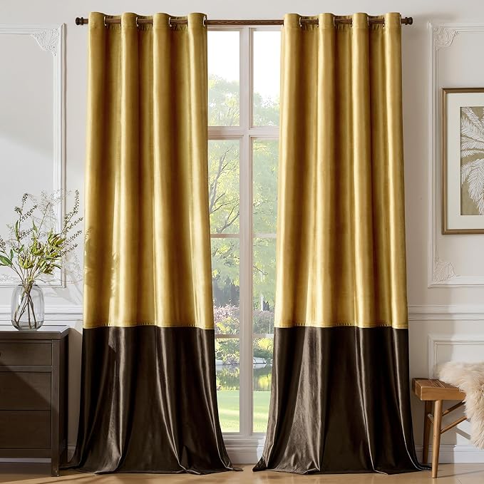 Gold Brown Velvet Blackout Curtains Luxury Decor 96 inches, Color Block | by ModernShinyVelvetCurtains