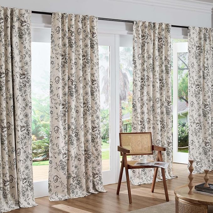 jinchan Black Floral Linen Blackout Curtains 90 Inch Back Tab 2 Panels | - Image 6